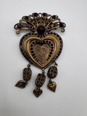 Nadir Black Rhinestone Heart Dangle Brooch Filigree Statement Vintage Pin